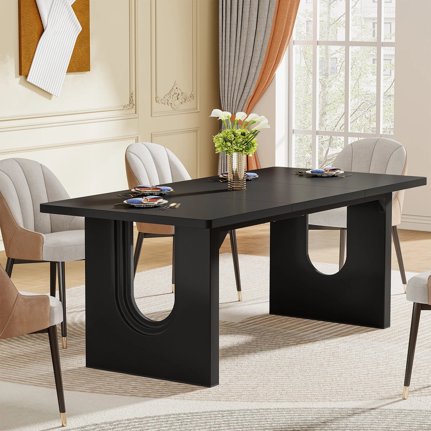 71" Large Kitchen Dining Table with Wood Pedestal Base,