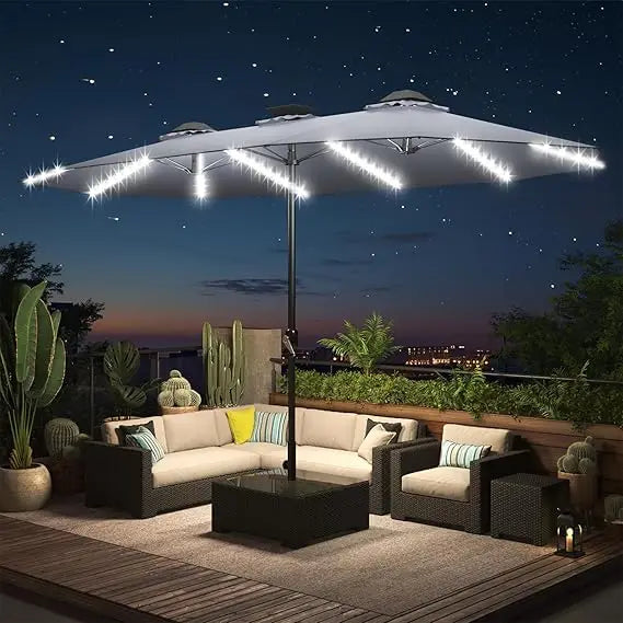 15ft Patio Umbrella with Solar Lights, Large Double Umbrella Outdoor and Crank