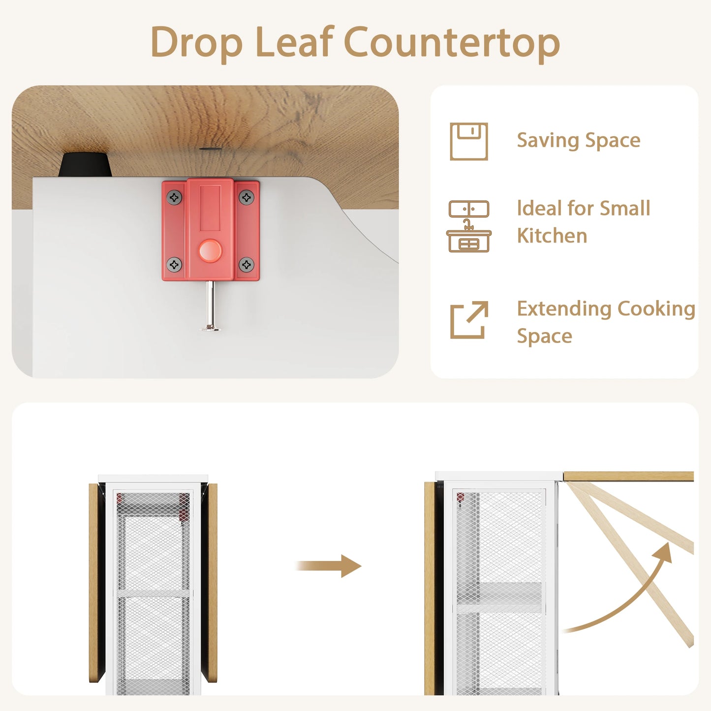 Drop Leaf Folding Dining Table with 2 Tier Storage-Extendable