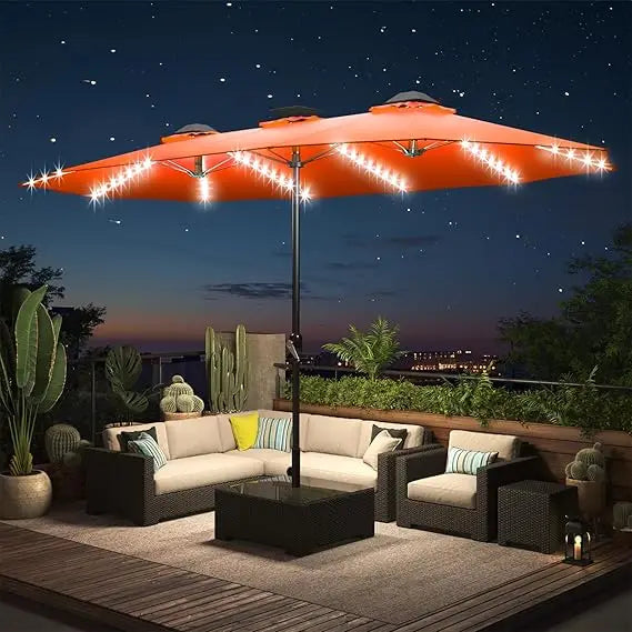 15ft Patio Umbrella with Solar Lights, Large Double Umbrella Outdoor and Crank
