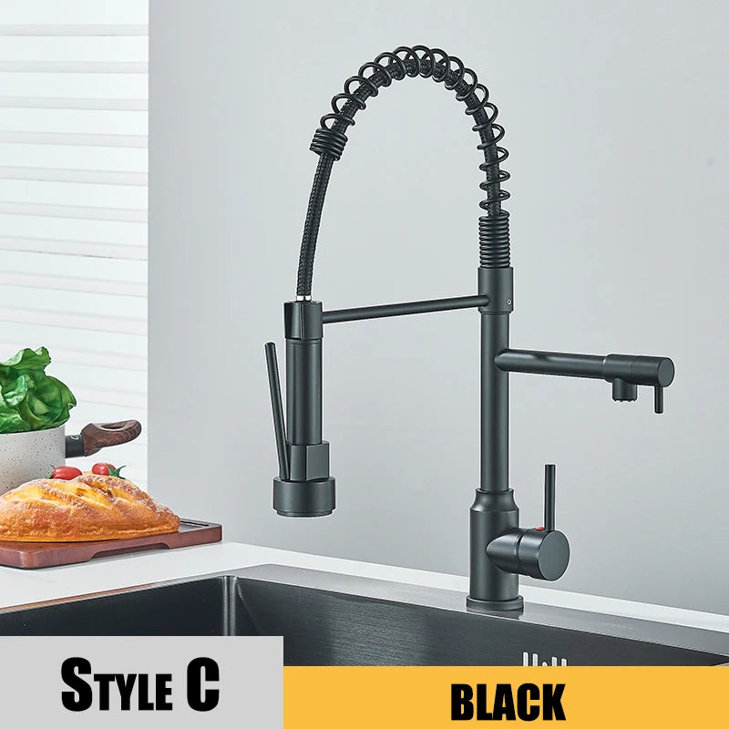Dual Spout Kitchen Sink Faucet with Flexible Pull Down Hose