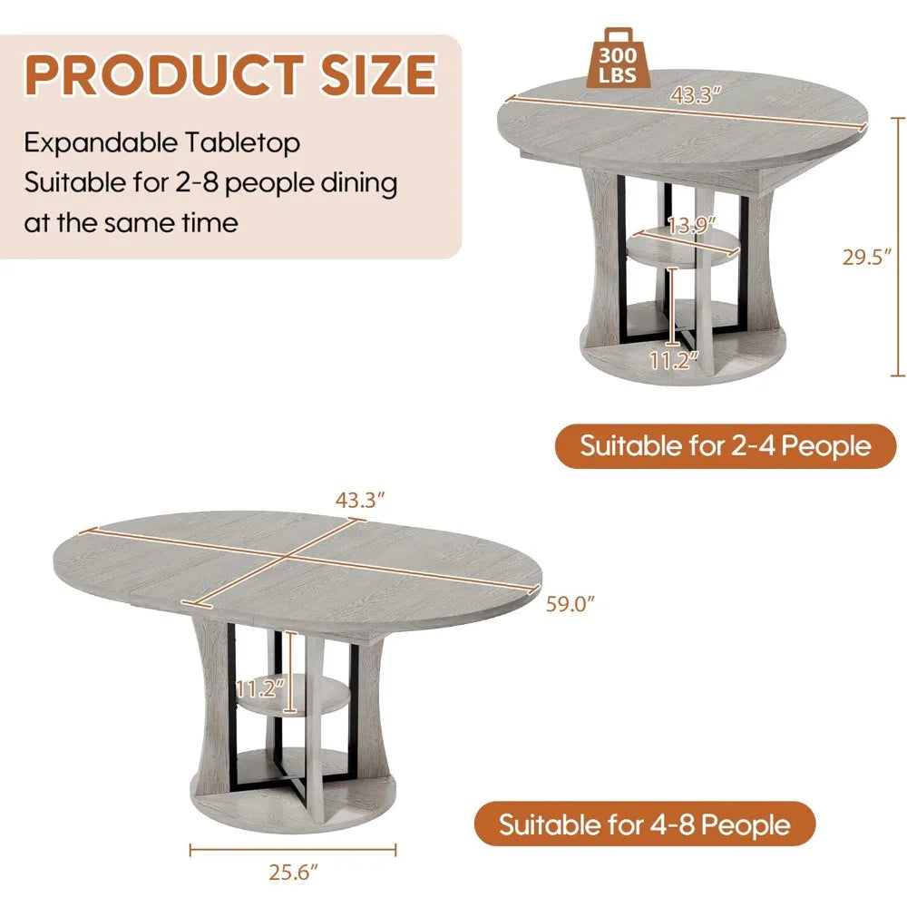 43.3''-59'' Extendable Round Dining Table for 4-8,Expandable Kitchen Table with Storage Shelf