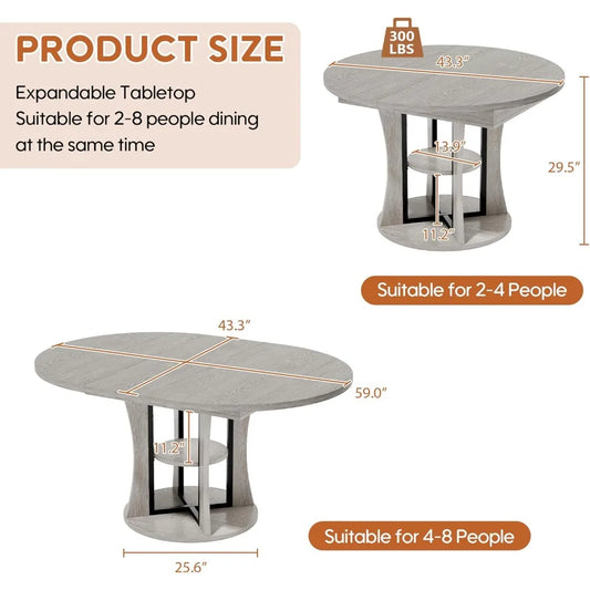 43.3''-59'' Extendable Round Dining Table for 4-8,Expandable Kitchen Table with Storage Shelf