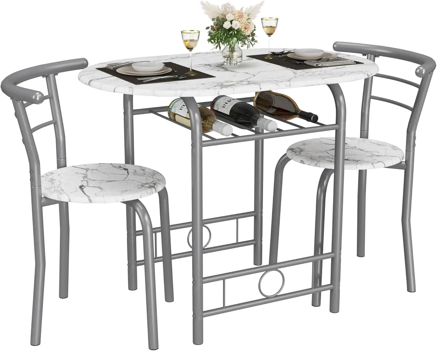 Wooden Round Table & Chair Set, Tabletop with Metal Frame
