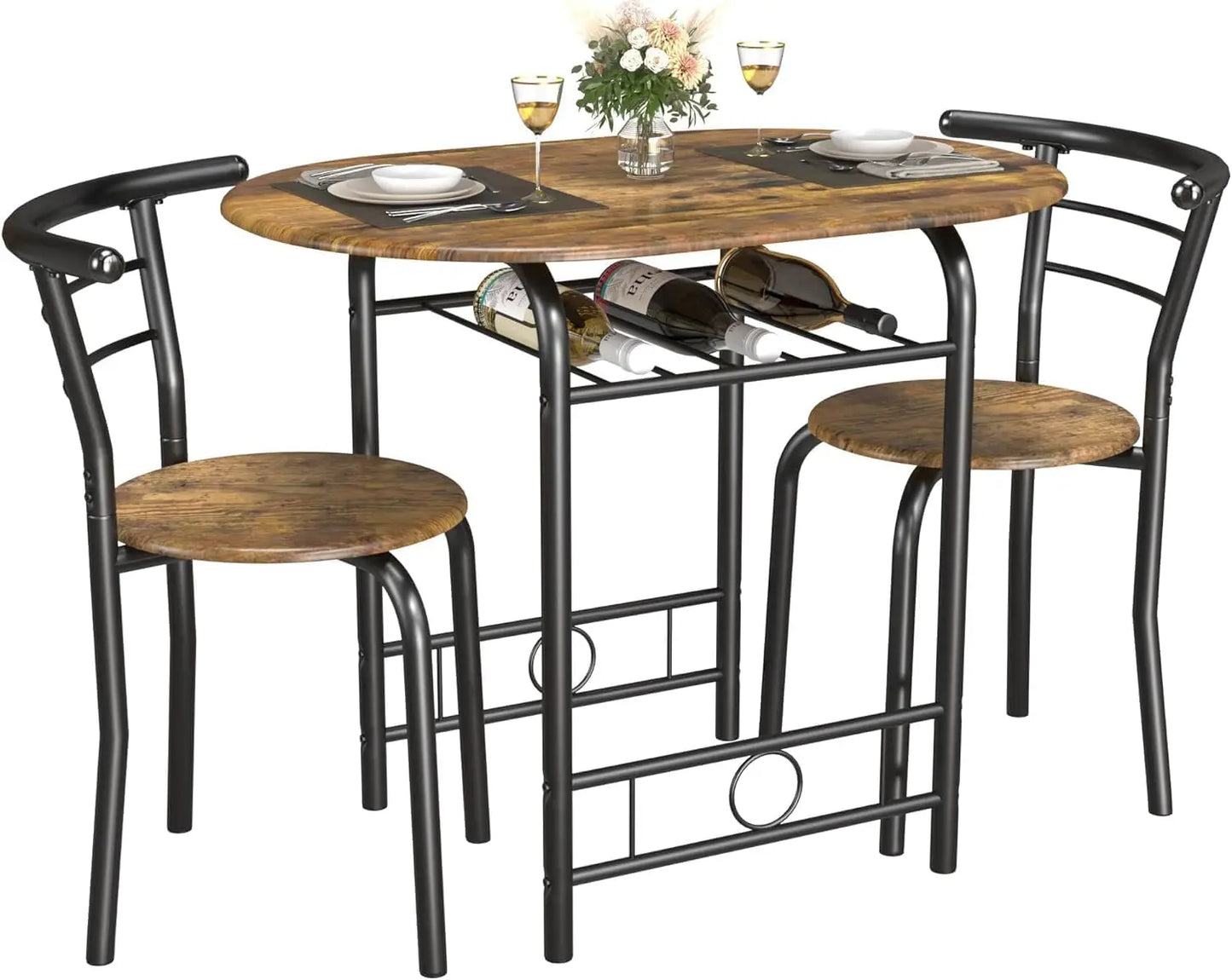 Wooden Round Table & Chair Set, Tabletop with Metal Frame