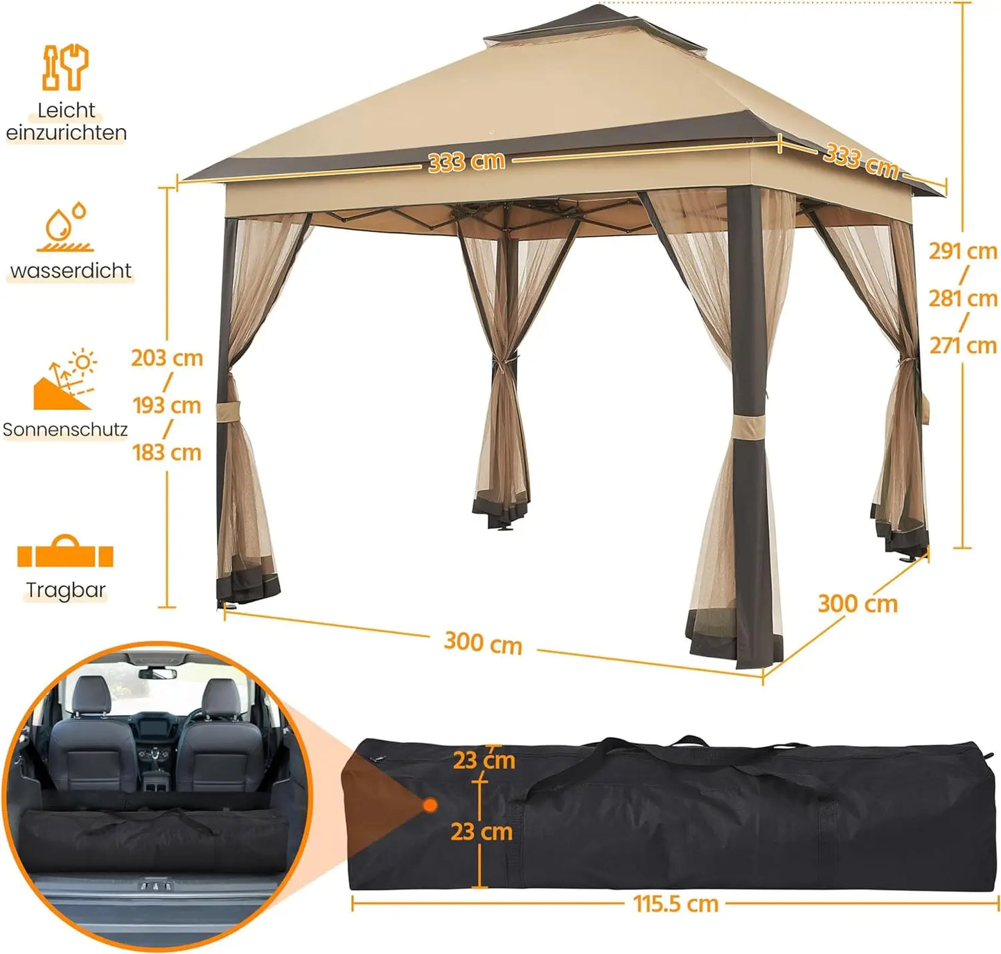 3.3x3.3m Outdoor Gazebo Canopy with 4 Detachable Mosquito Nets