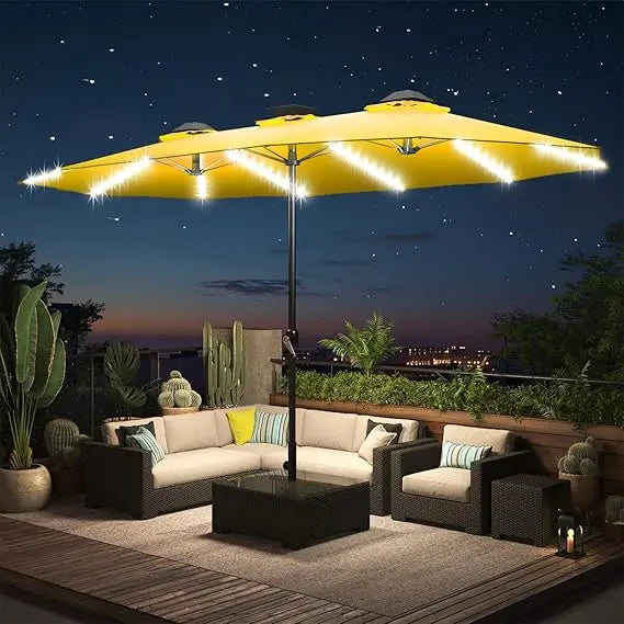 15ft Patio Umbrella with Solar Lights, Large Double Umbrella Outdoor and Crank