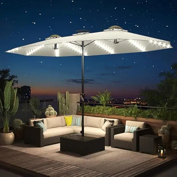 15ft Patio Umbrella with Solar Lights, Large Double Umbrella Outdoor and Crank