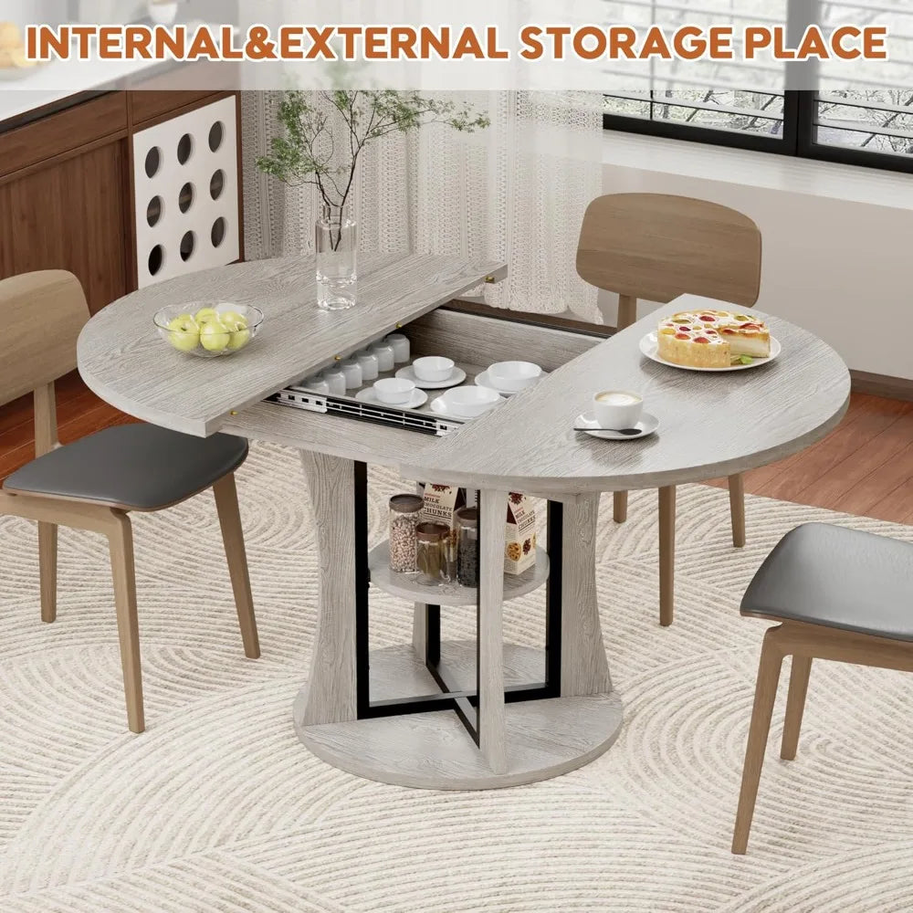 43.3''-59'' Extendable Round Dining Table for 4-8,Expandable Kitchen Table with Storage Shelf