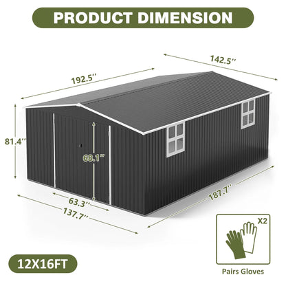 12x16/12x18FT Outdoor Metal Storage Shed w/ Windows