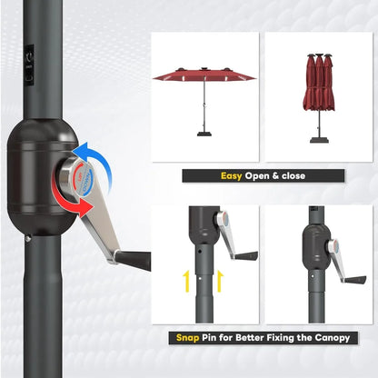 15ft Patio Umbrella with Solar Lights, Large Double Umbrella Outdoor and Crank