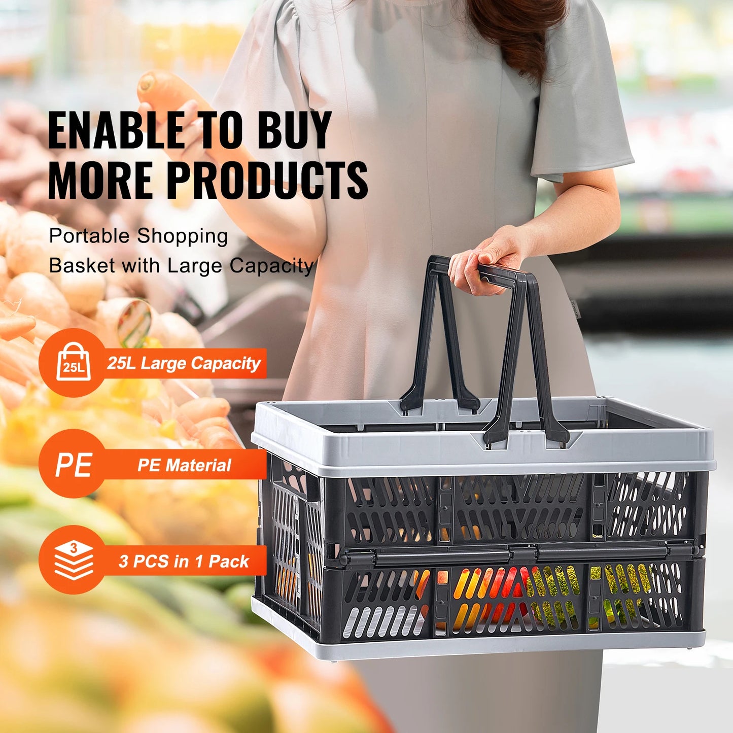 3pcs Foldable Storage Basket Collapsible Shopping Crate with Handle