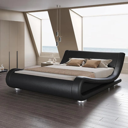 Bed frame, Sleigh Bed with Faux Leather Ergonomics Headboard