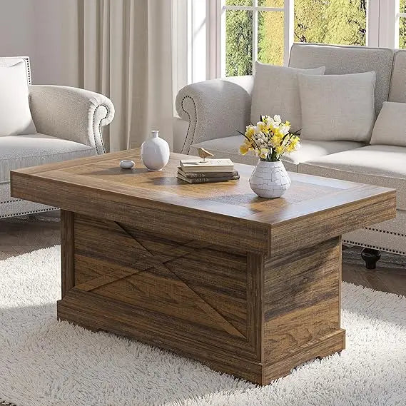 Rustic Center Table with X-Design Wooden Pedestal