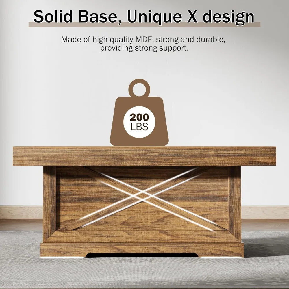 Rustic Center Table with X-Design Wooden Pedestal