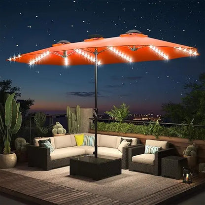 15ft Patio Umbrella with Solar Lights, Large Double Umbrella Outdoor and Crank