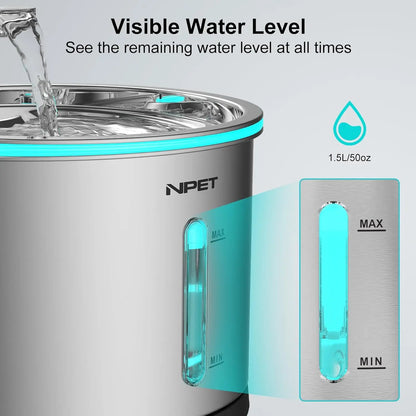 50oz/1.5L Dishwasher Safe Pet Water Fountain with Visible Window Light for Cats